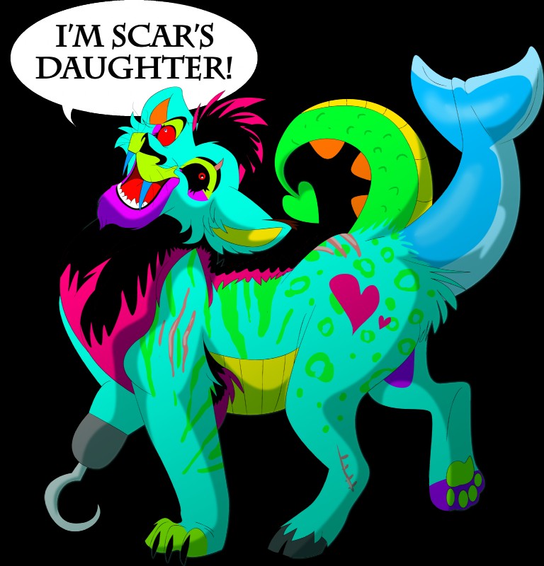 black_hair black_sclera blue_body blue_fur claws cloven_hooves countershading fangs female feral fin fur green_body green_markings green_scales hair hook hook_hand hooves markings multicolored_body multicolored_fur open_mouth parody pawpads red_eyes red_sclera scales scar side_view simple_background solo spade_tail sparklefur standing tail tail_fin teeth transparent_background what where_is_your_god_now yellow_body yellow_countershading young albinoraven666fanart disney original_character_do_not_steal the_lion_king felid lion mammal pantherine absurd_res alpha_channel hi_res