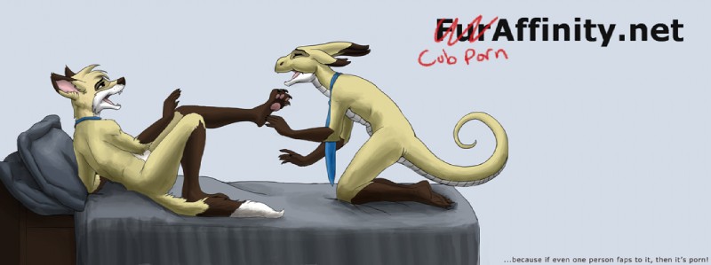 anthro banner_image bed duo feet female fur furniture hindpaw male mascot necktie nude open_mouth paws simple_background tail text tickling tickling_feet young young_anthro bjpentecost furaffinity fender rednef canid canine mammal scalie digital_media_(artwork) url