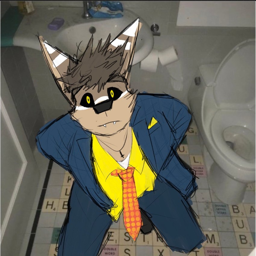 anthro big_ears black_sclera brown_hair clothed clothing fangs hair male solo suit teeth toilet botter_dork better_call_saul breaking_bad scrabble rio_(botter_dork) bat hybrid mammal mustelid otter 1:1 draw_over hi_res meme