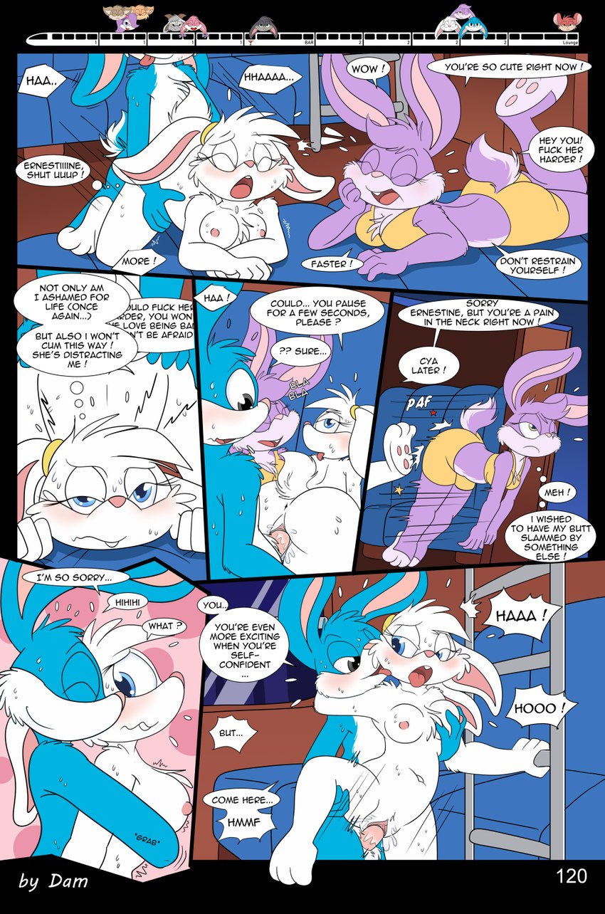 3_toes 4_fingers anthro breasts clothed clothing dialogue feet female fingers genitals group inside_train male plantigrade speech_bubble text toes toony train vehicle dam_(artist) tiny_toon_adventures warner_brothers babs_bunny buster_bunny fifi_la_fume lagomorph leporid mammal mephitid rabbit skunk comic english_text hi_res