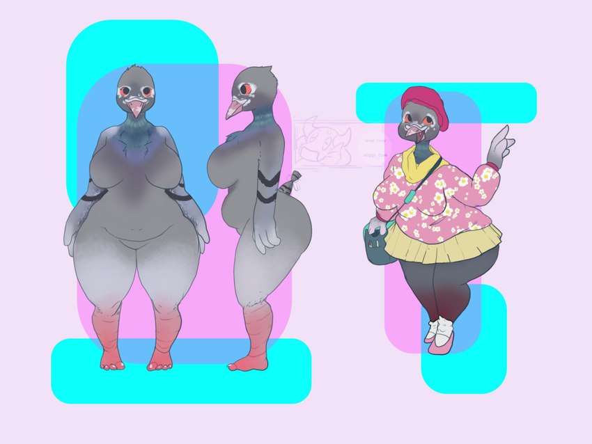 anthro beak big_breasts big_butt black_eyes bottomwear breasts butt clothed clothing feathers featureless_breasts featureless_crotch female footwear front_view grey_body grey_feathers huge_hips looking_at_viewer navel non-mammal_breasts nude open_mouth overweight overweight_anthro overweight_female pattern_clothing pattern_topwear pink_background pink_beret pink_body pink_clothing pink_footwear pink_shoes pink_topwear red_sclera scarf shoes side_view simple_background skirt slightly_chubby socks solo thick_thighs topwear white_clothing white_footwear white_socks wide_hips yellow_bottomwear yellow_clothing yellow_scarf yellow_skirt soggy_cow avian bird columbid pigeon 4:3 model_sheet