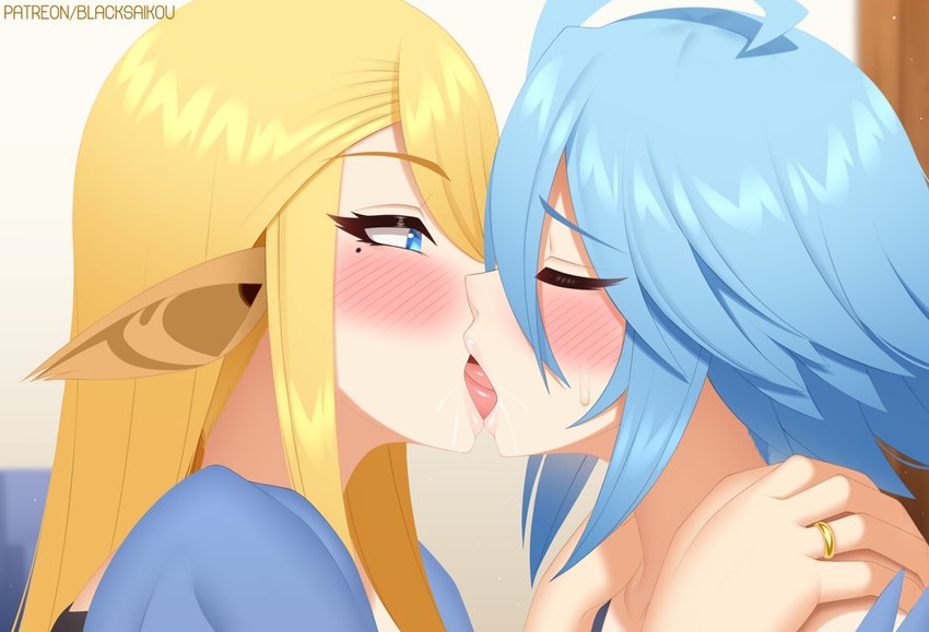 blonde_hair blue_eyes blue_hair blush bodily_fluids duo eyes_closed female female/female french_kissing hair humanoid_pointy_ears kissing long_hair markings mole_(marking) monster_girl_(genre) pointy_ears ring saliva short_hair tongue blacksaikou european_mythology greek_mythology monster_musume mythology centorea's_mother_(monster_musume) papi_(monster_musume) animal_humanoid avian equid equid_humanoid equine equine_humanoid harpy horse_humanoid humanoid mammal mammal_humanoid mythological_avian mythological_creature 2022