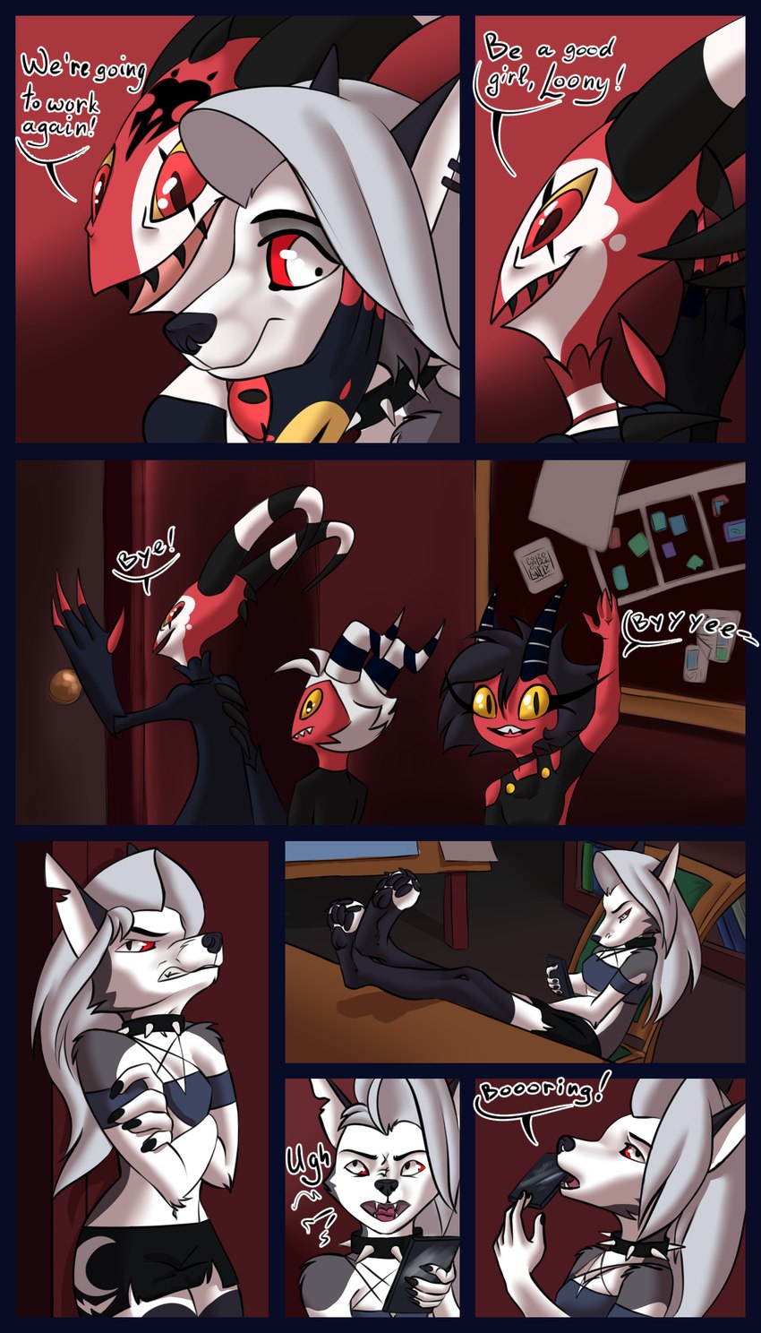 anthro dialogue ear_piercing ear_ring fan_comic fancomic female group male piercing ring_piercing text goallonely helluva_boss mythology blitzo_(helluva_boss) loona_(helluva_boss) millie_(helluva_boss) moxxie_(helluva_boss) canid canid_demon canine demon hellhound humanoid mammal mythological_canine mythological_creature absurd_res comic english_text hi_res story