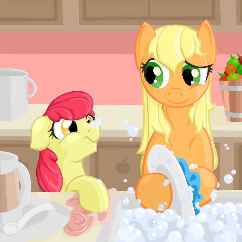 amber_eyes apple blonde_hair bubble bucket container cup dishes dishwashing duo female feral food fruit green_eyes hair plant plate sink soap standing young young_feral geomancing friendship_is_magic hasbro my_little_pony apple_bloom_(mlp) applejack_(mlp) earth_pony equid equine horse mammal pony 1:1 2013 hi_res