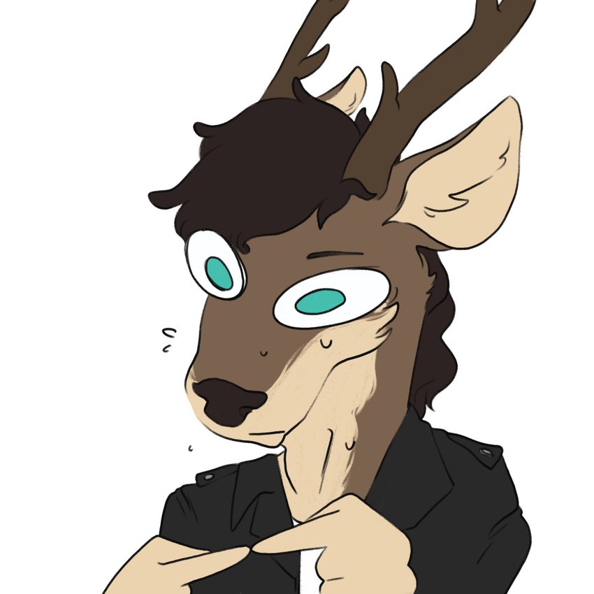 anthro antlers black_clothing black_jacket black_topwear blue_eyes bodily_fluids brown_antlers brown_body brown_fur brown_hair clothed clothing ears_back front_view fur hair horn jacket male mouth_closed no_pupils pivoted_ears short_hair shy simple_background solo sweat sweaty_face tan_body tan_fur topwear white_background lionfloof deer mammal 1:1 bust_portrait hi_res portrait