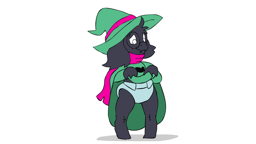 anthro clean_diaper clothed clothing clothing_lift diaper eyewear glasses hat headgear headwear male scarf smile solo standing wearing_diaper parumpee deltarune undertale_(series) ralsei bovid caprine goat mammal 16:9 hi_res widescreen