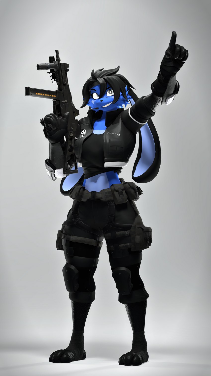 ammo_pouch ammunition anthro armor black_body black_hair black_scales blue_body blue_fur clothed clothed_anthro clothed_female clothing electronics female fur gauntlets gesture gloves hair hand_gesture handwear headgear headphones headset knee_pads multicolored_body multicolored_fur pointing pointing_up scales smile smirk solo trigger_discipline two_tone_body two_tone_fur ump-45 conditional_dnp domibun domi_(domibun) hybrid lagomorph leporid mammal rabbit 2024 3d_(artwork) 4k 9:16 absurd_res digital_media_(artwork) hi_res source_filmmaker_(artwork)