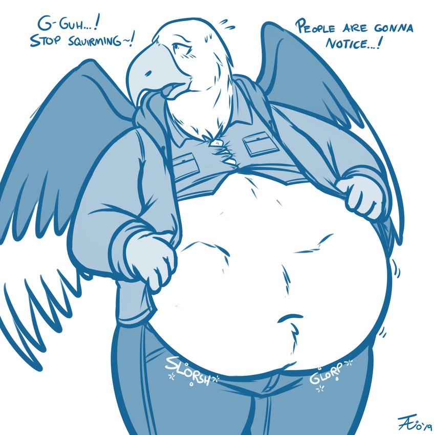 4_fingers abdominal_bulge anthro anthro_pred beak belly big_belly biped blush bodily_fluids bodily_noises bottomwear clothed clothing deep_navel denim denim_bottomwear denim_clothing dialogue different_sound_effects digestion fatal_vore feathered_wings feathers fingers glorp imminent_death jacket jeans male male_pred motion_lines navel offscreen_character onomatopoeia open_beak open_clothing open_jacket open_mouth open_topwear oral_vore overweight overweight_anthro overweight_male pants rumbling_stomach shirt simple_background slorsh soft_vore solo sound_effects standing struggling sweat sweatdrop talking_to_another talking_to_prey text thick_thighs tongue topwear vore white_background winged_arms wings tanio riley_(zdarlight) accipitrid accipitriform avian bald_eagle bird eagle sea_eagle 1:1 2019 blue_and_white dated digital_media_(artwork) english_text hi_res monochrome signature sketch