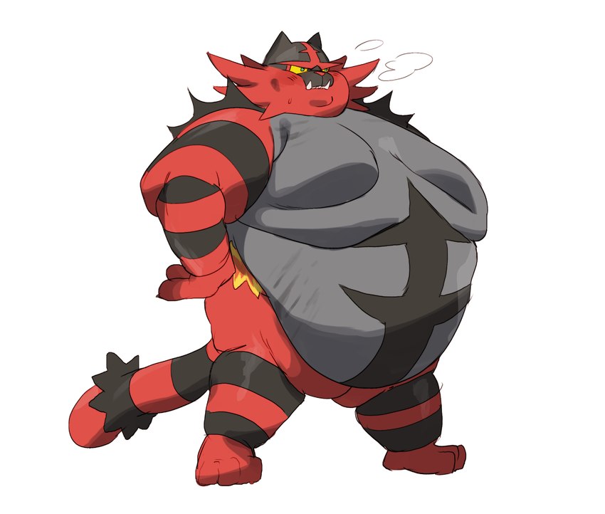 anthro belly_overhang belt big_cheeks black_body black_fur breath chubby_cheeks facial_tuft fatpad fur green_pupils grey_body grey_fur hands_on_hips male markings moobs multicolored_body multicolored_fur obese obese_anthro obese_male overweight overweight_anthro overweight_male panting pupils red_body red_fur ring_(marking) solo stretch_marks tail teeth teeth_showing thick_arms thick_thighs tuft weight_gain wrestler yellow_sclera fattybread nintendo pokemon felid feline generation_7_pokemon incineroar mammal pokemon_(species) hi_res