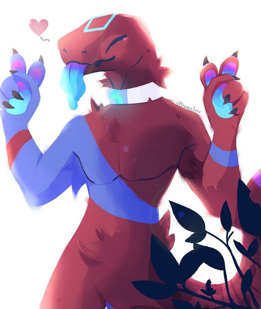 ambiguous_gender anthro big_tongue blep collar collar_only dripping fur gesture glowing glowing_collar glowing_markings gradient_tongue hand_gesture heart_symbol markings neck_tuft nude plant raised_arms solo tongue tongue_out tuft v_sign doodlejuni furred_scalie lizard mammal reptile scalie hi_res