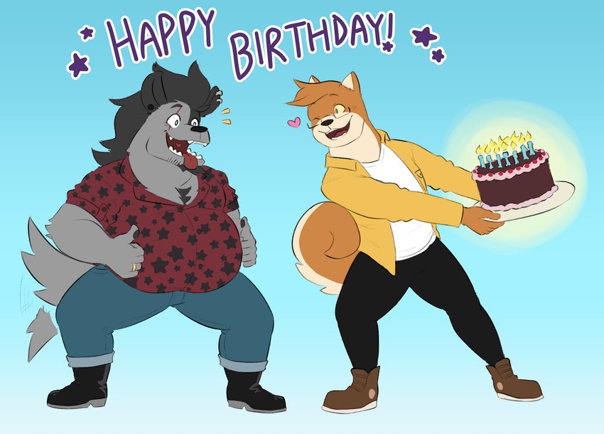 anthro belly birthday birthday_cake black_boots black_bottomwear black_clothing black_footwear black_hair black_nose black_pants blue_background blue_bottomwear blue_clothing blue_pants boots bottomwear brown_body brown_clothing brown_footwear brown_fur brown_shoes cake candle chest_tuft clothing cuffed_jeans denim denim_bottomwear denim_clothing dessert double_thumbs_up duo ear_piercing eye_scar eyewear facial_scar fangs food footwear fur gesture glasses gradient_background grey_body grey_fur hair hand_gesture heart_symbol jacket jeans looking_at_another male male/male musclegut muscular muscular_anthro muscular_male one_eye_closed open_mouth overweight overweight_anthro overweight_male pants piercing red_tongue ring scar shirt shoes simple_background star tail tail_motion tailwag teeth thumbs_up tongue tongue_out topwear tuft white_clothing white_shirt white_topwear yellow_clothing yellow_jacket_(clothing) yellow_topwear aceaximeck dobie_(javigameboy) lucas_(javigameboy) canid canine canis domestic_dog mammal shiba_inu spitz wolf hi_res