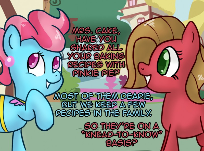 brown_hair dialogue duo female feral green_eyes hair humor pink_hair pun purple_eyes text unknown_artist ask_pun friendship_is_magic hasbro my_little_pony tumblr fan_character mrs._cake_(mlp) pun_pony earth_pony equid equine horse mammal pony comic english_text