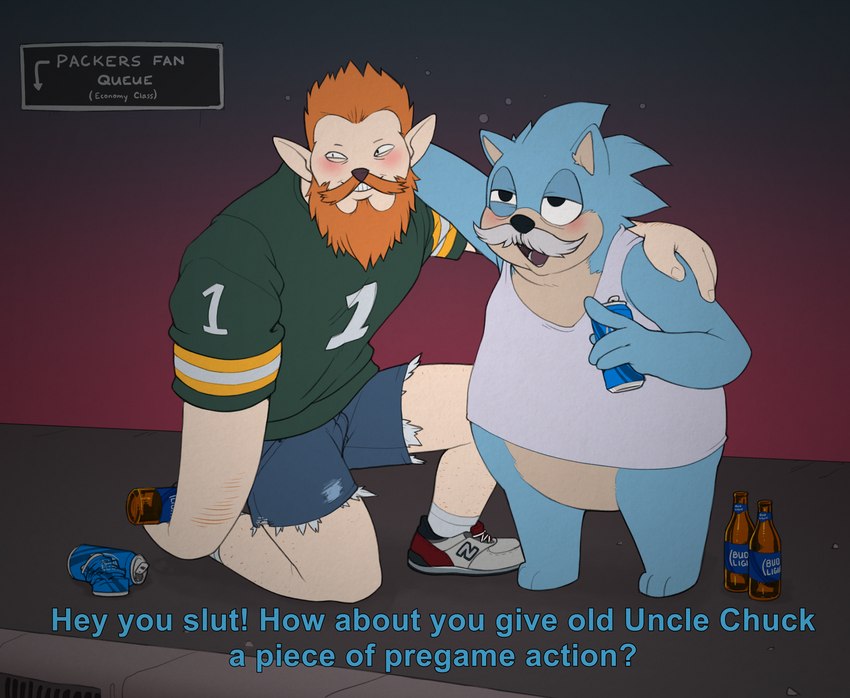 barazoku beard clothing dialogue drunk duo facial_hair football_jersey male male/male overweight overweight_male shirt substance_intoxication tank_top topwear ricksteubens bud_light sega sonic_the_hedgehog_(series) sonic_underground tamers12345's_sonic_underground mark_latour uncle_chuck canid canine eulipotyphlan fox hedgehog mammal 2021 absurd_res hi_res