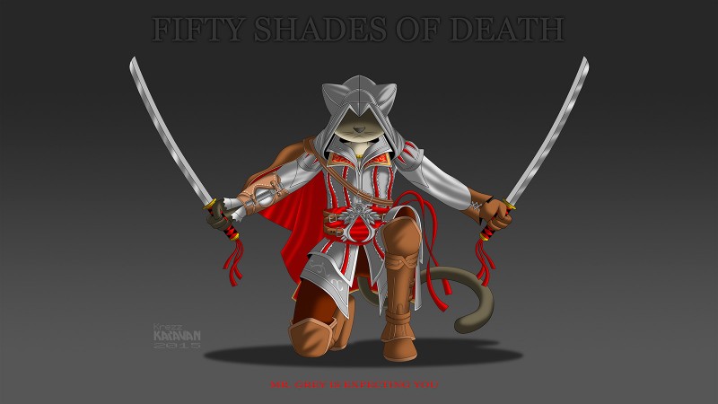 4_fingers anthro biped boots bottomwear brown_bottomwear brown_clothing clothed clothing covered_eyes dual_wielding fingers footwear front_view fully_clothed fur gradient_background grey_background grey_body grey_clothing grey_fur grey_topwear hidden_blade holding_melee_weapon holding_object holding_sword holding_weapon hood katana knee_boots knee_highs kneeling legwear male melee_weapon pants shoes simple_background solo spread_arms sword tan_clothing tan_footwear text topwear weapon whiskers white_clothing white_topwear krezz_karavan assassin's_creed school_days ubisoft ezio_auditore makogrey domestic_cat felid feline felis mammal siamese 16:9 2015 english_text full-length_portrait hi_res portrait widescreen