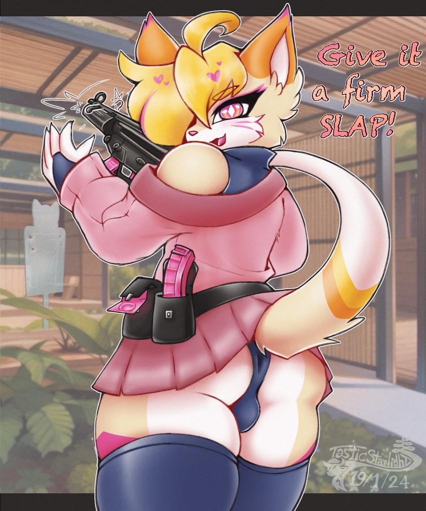 anthro biped blonde_hair blush bulge bulge_from_behind clothed clothing fur gun hair holding_gun holding_object holding_ranged_weapon holding_weapon looking_at_viewer male male_anthro mp5 ranged_weapon smile solo submachine_gun tail topwear weapon white_body white_fur tasticstarlight heckler_and_koch talia_(tasticstarlight) domestic_cat felid feline felis mammal 5:6 digital_media_(artwork) hi_res shaded