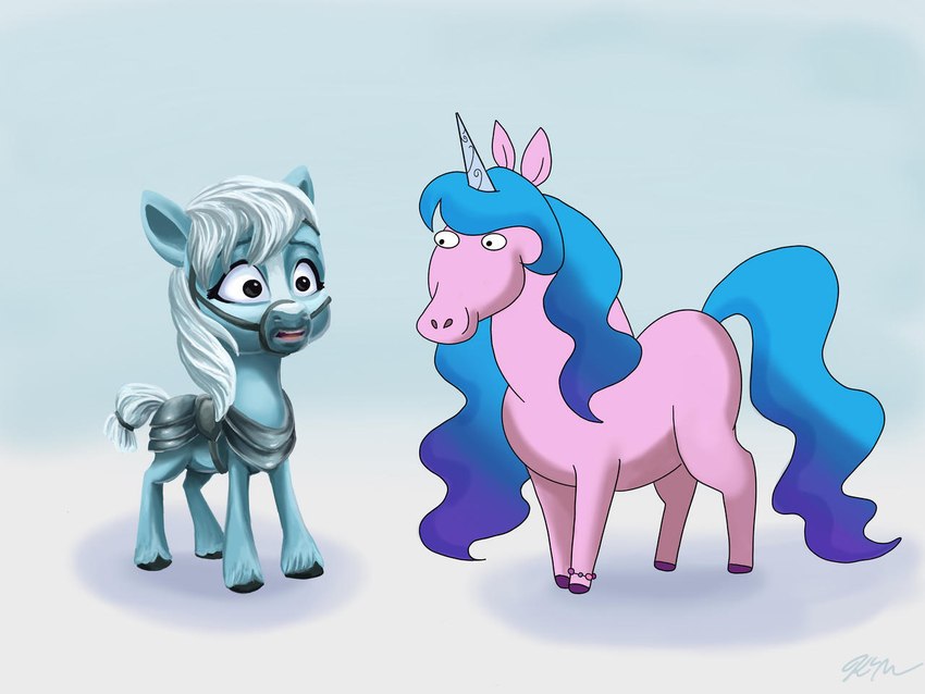 blue_background blue_body blue_hair blue_mane bracelet duo eyelashes female feral hair hooves horn jewelry mane open_mouth simple_background smile voice_actor_joke catscratchpaper centaurworld hasbro mlp_g5 my_little_pony mythology netflix horse_(centaurworld) izzy_moonbow_(mlp) equid equine horse mammal mythological_creature mythological_equine pony unicorn 2021 4:3 crossover digital_media_(artwork)