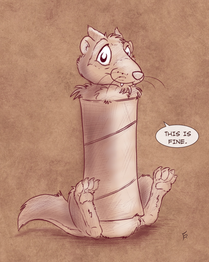 alternate_species ambiguous_gender anthro cardboard_tube dialogue solo text tube whiskers flinters domestic_ferret mammal mustelid musteline true_musteline weasel 4:5 english_text hi_res