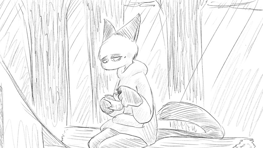 anthro bottomwear can canned_food clothing container female jacket light light_beam log markings mole_(marking) pants plant solo sunbeam sunlight tent tired tired_eyes topwear tree wood dragonweirdo animal_crossing nintendo olivia_(animal_crossing) felid feline mammal 16:9 hi_res monochrome story story_in_description widescreen