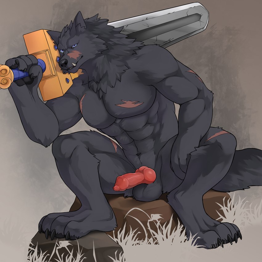 abs animal_genitalia animal_penis anthro balls canine_genitalia canine_penis claws erection genitals greatsword holding_melee_weapon holding_object holding_sword holding_weapon knot looking_at_viewer male melee_weapon muscular muscular_male navel nude on_rock pawpads pecs penis rock scar sitting sitting_on_rock solo sword sword_over_shoulder weapon huka elden_ring fromsoftware blaidd_(elden_ring) canid canine canis mammal wolf 1:1 2022 absurd_res hi_res