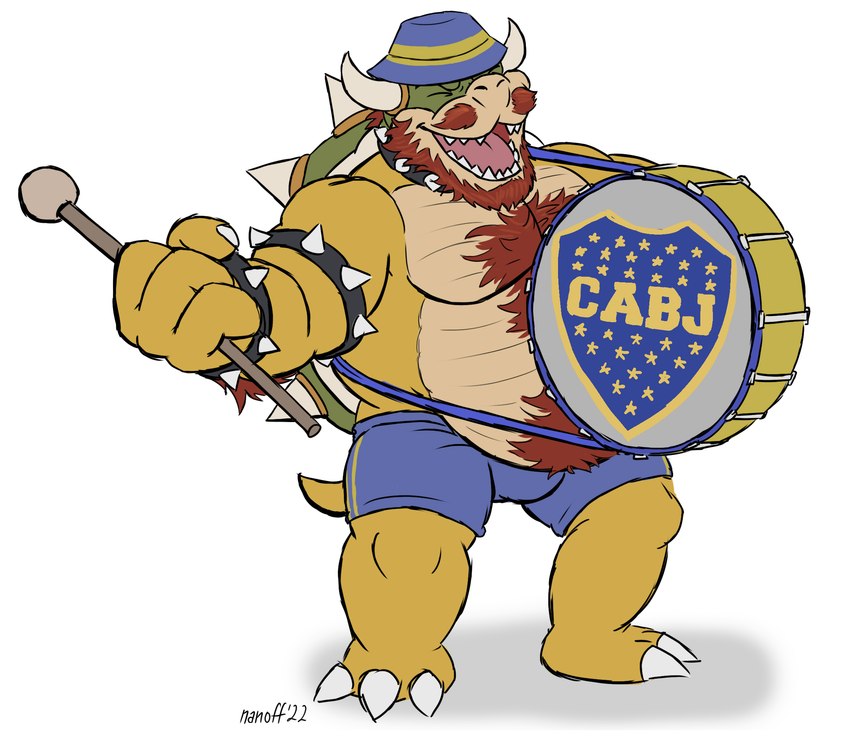 anthro beard body_hair bottomwear chest_hair clothing drum drumstick_(musical) facial_hair hat headgear headwear horn male musclegut muscular muscular_male musical_instrument mustache percussion_instrument shorts smile soccer_uniform solo sportswear uniform nanoff boca_juniors mario_bros nintendo bowser koopa scalie hi_res