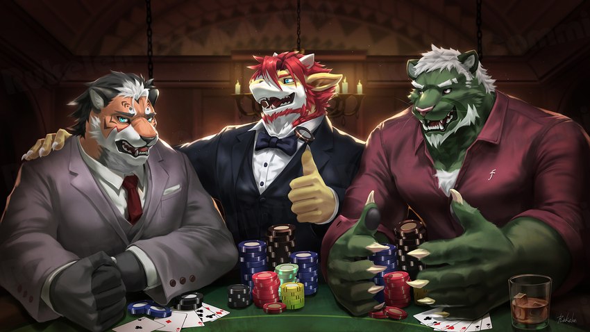 ace_of_spades alcohol angry anthro beard beverage black_bow_tie black_clothing black_hair black_suit blue_eyes bow_tie brown_eyes candle card casino chandelier chest_tuft claws clothing clubs_(suit) container cup diamonds_(suit) dress_shirt eyebrow_slit eyebrows facial_hair facial_markings finger_claws fist fur gambling gesture green_body green_fur grey_clothing grey_suit hair hand_gesture hand_on_shoulder head_markings hearts_(suit) horn ice_cube male markings multicolored_body multicolored_fur multicolored_scales necktie orange_body orange_fur playing_card poker poker_chip poker_table red_clothing red_hair red_necktie red_shirt red_topwear scales shirt solo spades_(suit) striped_body striped_scales stripes suit suit_symbol thumbs_up topwear tuft two_tone_body two_tone_scales upset whiskers whiskey white_body white_clothing white_fur white_hair white_scales white_shirt white_topwear yellow_body yellow_scales rukelen mythology moner tuez_(sollyz) wediz_(sollyz) dragon felid mammal mythological_creature mythological_scalie pantherine scalie tiger 16:9 2022 hi_res signature widescreen