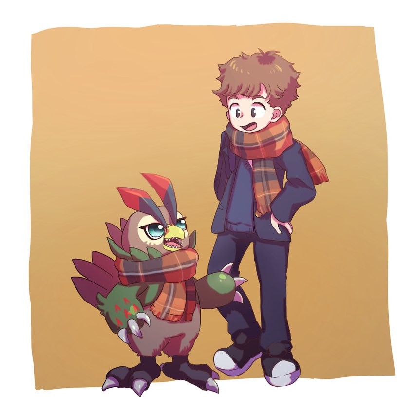 anthro beak blue_eyes brown_body brown_feathers duo feathers male mofumi_corvus bandai_namco digimon digimon_survive falcomon_(survive) minoru_hyuga avian bird digimon_(species) falcomon human mammal 1:1