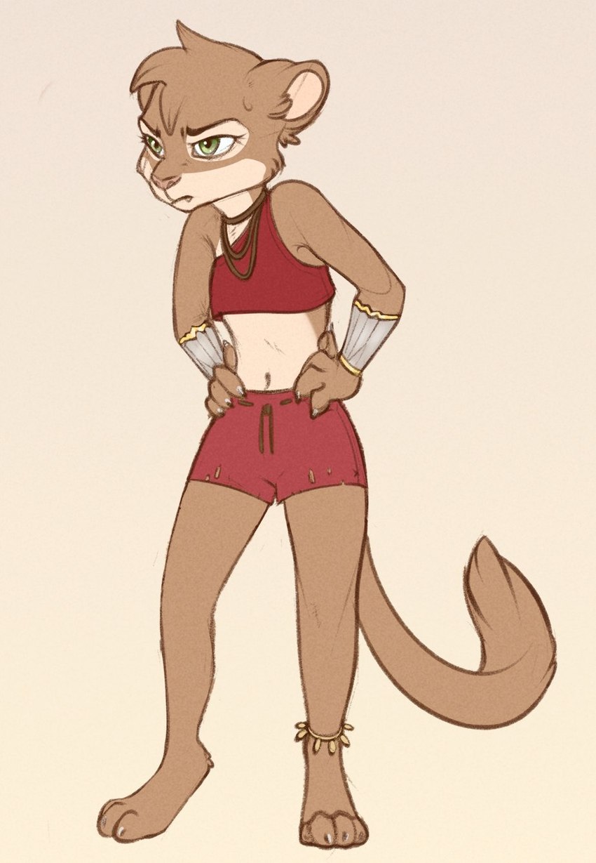 4_toes anklet anthro barefoot bottomwear brown_body brown_fur claws clothed clothing crop_top feet fully_clothed fur green_eyes hands_on_hips jewelry midriff navel shirt shorts solo standing toes topwear yshanii vesalius felid mammal hi_res