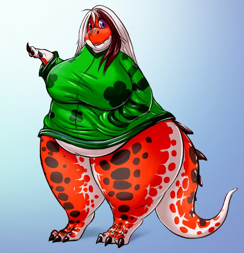 anthro belly bottomless bottomless_anthro bottomless_female claws clothed clothing fangs female front_view hair hand_in_pocket holidays looking_at_viewer overweight overweight_anthro overweight_female pockets scales slightly_chubby slightly_chubby_anthro slightly_chubby_female solo standing teeth thick_thighs tiptoes toe_claws wide_eyed wide_hips shenzel st._patrick's_day trinity_(shenzel) dinosaur prehistoric_species reptile scalie theropod tyrannosaurid tyrannosauroid tyrannosaurus tyrannosaurus_rex 2017 hi_res