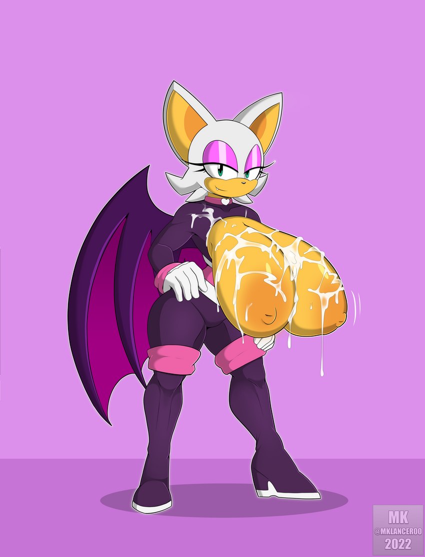 anthro bedroom_eyes big_breasts bodily_fluids breasts clothed clothing cum cum_on_breasts female genital_fluids hand_on_hip huge_breasts membrane_(anatomy) membranous_wings narrowed_eyes nipples purple_background seductive simple_background solo wings mklancer00 third-party_edit netflix sega sonic_prime sonic_the_hedgehog_(series) rouge_the_bat bat mammal absurd_res hi_res