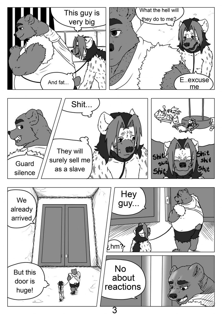 anthro clothed clothing collar dialogue door group leash leashed_collar male male/male overweight overweight_male prison prisoner profanity slim speech_bubble text thought_bubble trio laught468 bear hyena mammal comic english_text hi_res monochrome