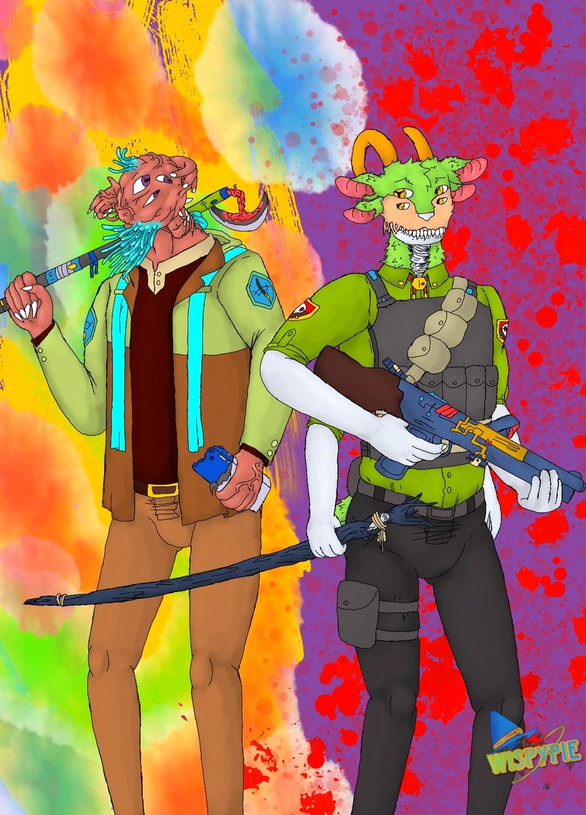 abstract_background anthro belt blood blood_splatter bodily_fluids bottomwear bulletproof_vest claws clothing duo fur gear green_body green_fur gun holding_object holding_weapon horn jacket looking_at_another male multi_ear multi_eye multi_limb pants pouch_(clothing) pupils purple_eyes ranged_weapon red_body shirt side_by_side staff tan_body tan_fur teeth tentacles topwear unusual_anatomy unusual_pupils unusual_weapon weapon white_body yellow_eyes wispypie flesh_creature humanoid unknown_species hi_res