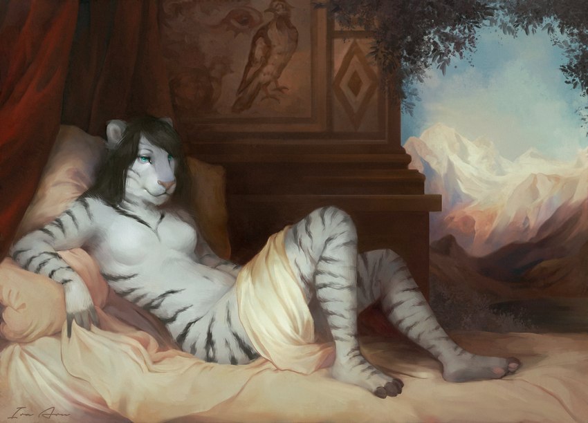 anthro biped black_body black_fur black_hair breasts detailed_background featureless_breasts female fur green_eyes hair lying mountain navel nude on_back plantigrade silk solo white_body white_fur ira-arn jasmine_miller felid mammal pantherine tiger 2020 hi_res