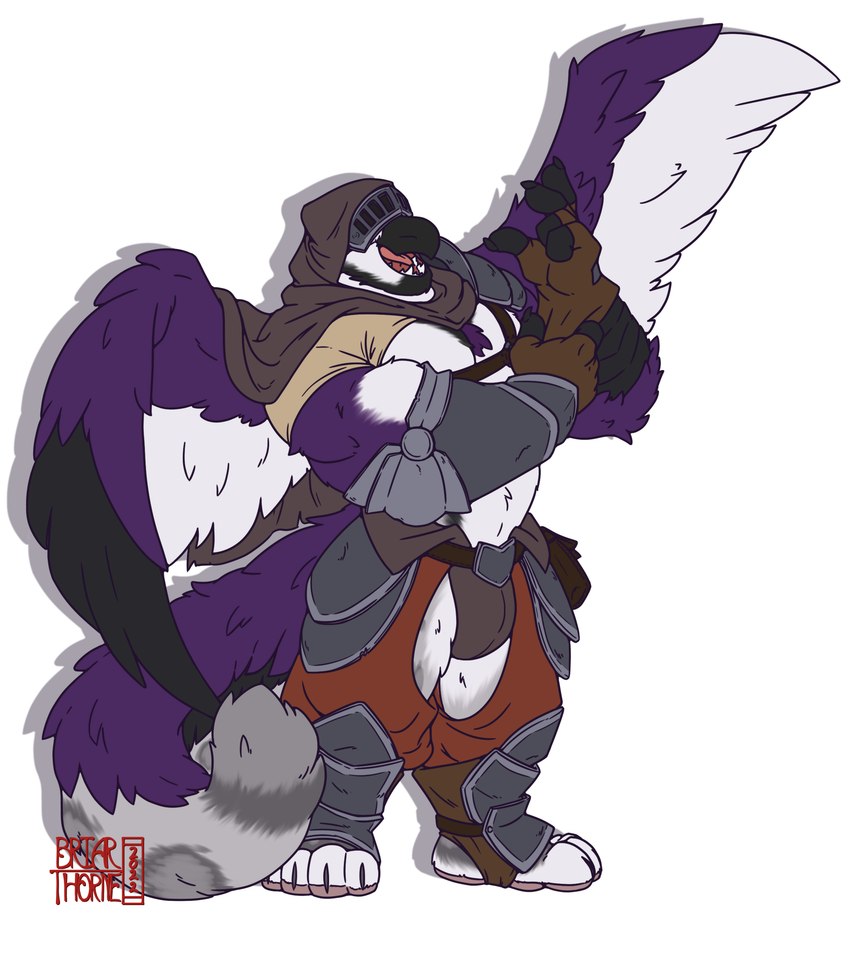 anthro arm_armor armor beak belly black_body black_feathers black_fur bottomwear bulge chaps chest_tuft clothing countershading feathers fur gloves grey_body grey_fur handwear headgear helmet hood leg_armor legwear male multicolored_body multicolored_fur multicolored_wings musclegut muscular open_mouth paws purple_body purple_feathers purple_fur shoulder_guards slightly_chubby solo standing tail tongue tuft vambrace white_body white_feathers white_fur wings briarsthorne mythology hakawne avian gryphon mythological_avian mythological_creature absurd_res hi_res