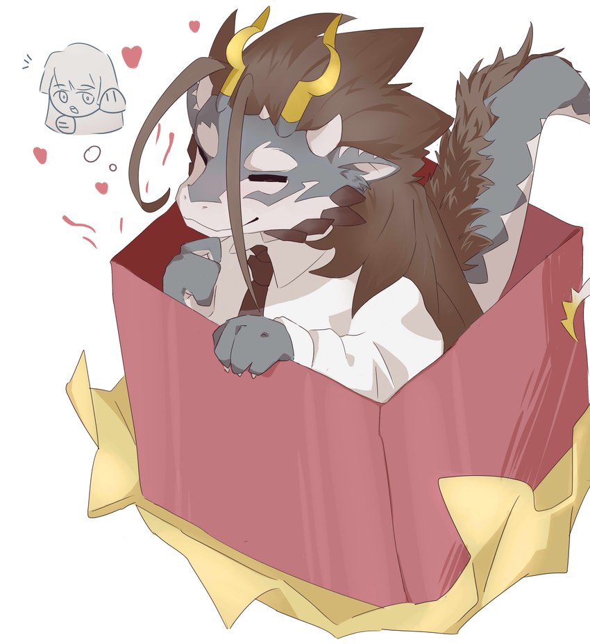 anthro black_hair box chibi container gift_box grey_body hair horn long_hair male solo tail purity2063184 lifewonders mythology tokyo_afterschool_summoners female_protagonist_(tas) fuxi_(tas) protagonist_(tas) dragon mythological_creature mythological_scalie scalie absurd_res hi_res