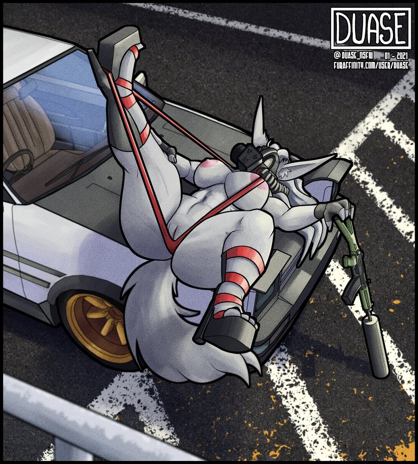 anthro big_breasts big_butt bikini bikini_pull black_border border breasts butt car clothed clothing clothing_pull curvy_figure female fingerless_gloves footwear fur gas_mask genitals gloves gun handwear high-angle_view high_heels humanoid_genitalia humanoid_pussy lying lying_on_car mask navel nipples on_back on_hood one-piece_swimsuit outside parking_lot partially_clothed platform_footwear platform_heels pussy ranged_weapon rifle sg_553 shoes silencer sling_bikini sling_bikini_pull solo swimwear swimwear_pull text thick_thighs two-piece_swimsuit vehicle voluptuous weapon white_body white_fur duase initial_d toyota_corolla rasa_(duase) canid canine canis mammal wolf absurd_res hi_res url