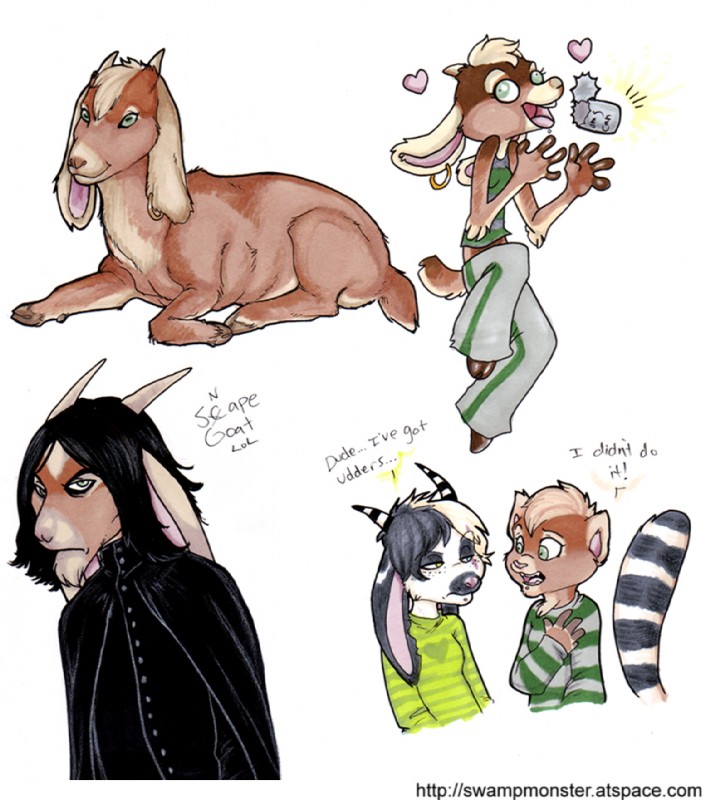 alternate_species anthro can container dialogue duo ear_piercing ear_ring facial_piercing female feral furrification glamfur green_eyes heart_symbol heterochromia hooves horn lip_piercing looking_at_viewer piercing ring_piercing slytherin solo tail text zeriara harry_potter_(series) almalthia severus_snape bassariscus bovid caprine goat mammal procyonid ring-tailed_cat english_text multiple_images url