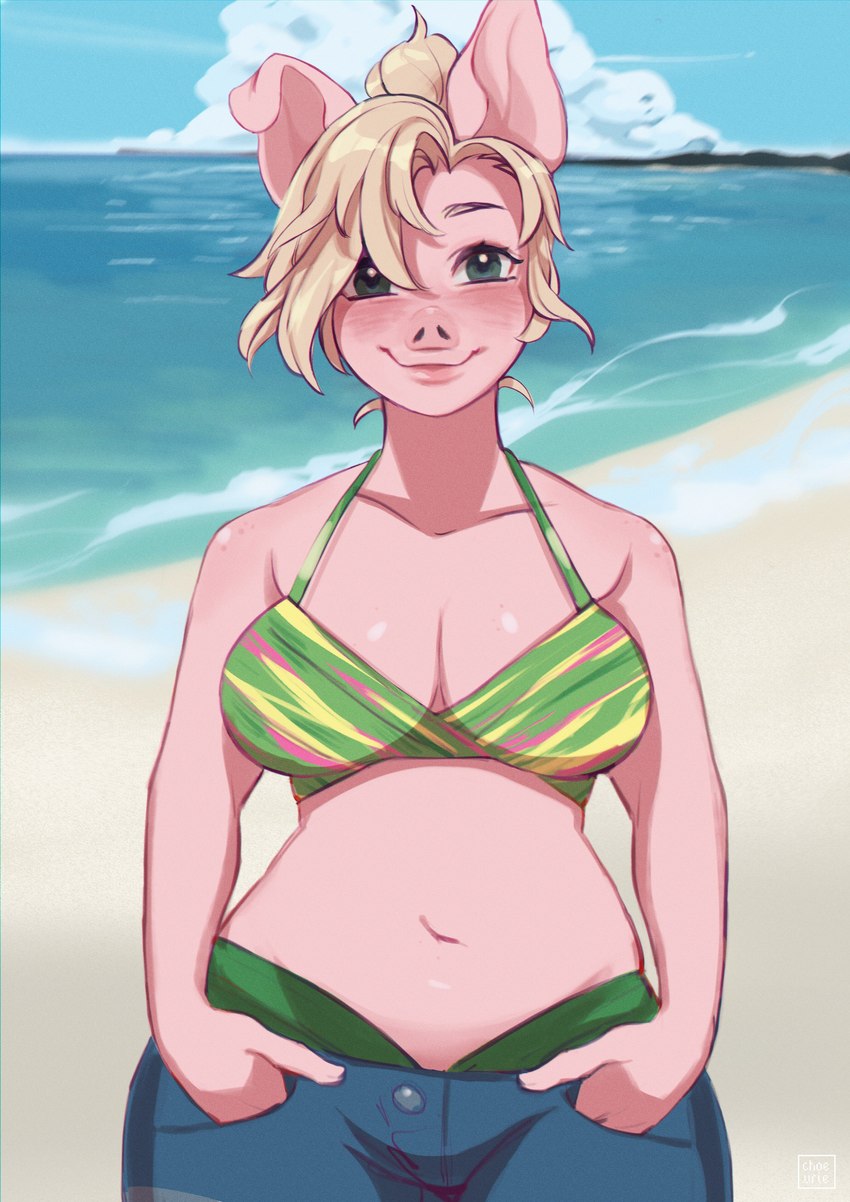 anthro beach blonde_hair blush bottomwear breasts clothing cloud female green_eyes hair looking_at_viewer navel outside pink_body sand seaside short_hair shorts smile solo swimwear swimwear_under_clothing water wide_hips indigo_cho domestic_pig mammal suid suine sus_(pig) absurd_res hi_res