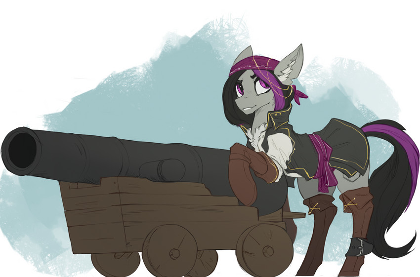 boots cannon clothing female feral footwear hair hooves kerchief looking_at_viewer neck_tuft pirate ranged_weapon shoes simple_background smile solo tuft unguligrade weapon nsilverdraws friendship_is_magic hasbro my_little_pony mimicry_(fluffobuggo) arthropod changeling hi_res