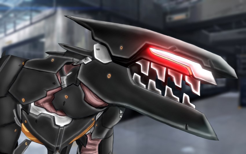 black_body detailed_background feral glowing glowing_eyes machine male metal_teeth metallic_body open_mouth red_eyes solo teeth wolfrayay konami metal_gear metal_gear_rising:_revengeance platinumgames blade_wolf canid canine canis mammal robot robot_feral wolf half-length_portrait portrait