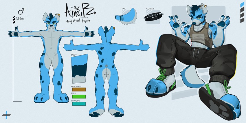 4_fingers anthro athletic athletic_anthro athletic_male biped blue_body blue_fur countershade_fur countershading fingers fur green_eyes looking_at_viewer male solo white_body white_countershading white_fur ankorthewolf hyena mammal spotted_hyena 2024 2:1 absurd_res hi_res model_sheet