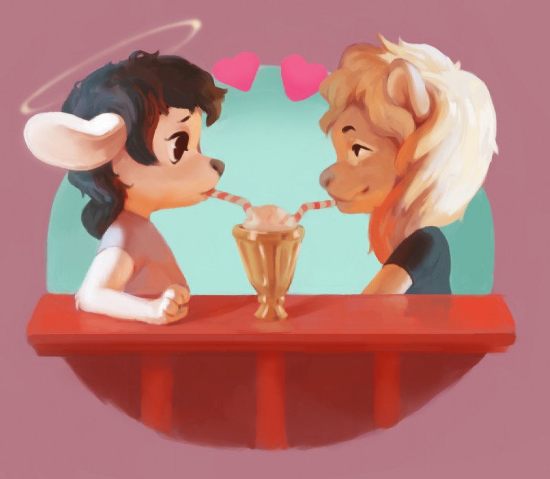 anthro beverage chibi clothed clothing dessert diner duo food halo heart_symbol love male milkshake restaurant romantic romantic_couple sharing sharing_beverage sharing_milkshake young stealthnachos bovid caprine domestic_sheep felid lion mammal pantherine sheep