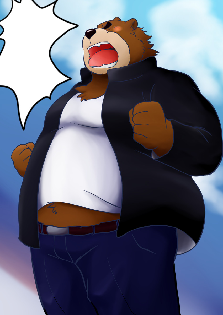 anthro belly black_nose bottomwear brown_body brown_fur clothing eyes_closed fur humanoid_hands kemono male overweight overweight_anthro overweight_male pants shirt solo topwear kuma_(pixiv_881259) kumadasi bear mammal 2011 hi_res