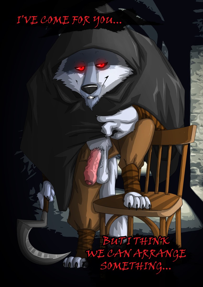 anthro balls chair dark foreskin fur furniture genitals grey_body grey_fur humanoid_genitalia humanoid_penis male penis red_eyes sickle smile solo standing teeth text vein weapon ariesartist dreamworks puss_in_boots_(franchise) death_(puss_in_boots) canid canine canis mammal wolf absurd_res english_text hi_res