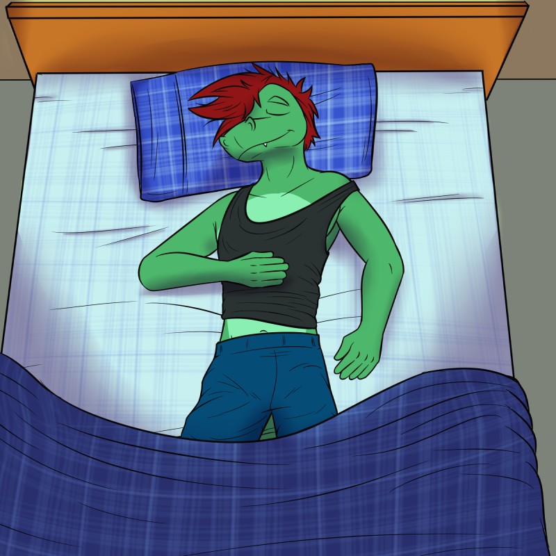 anthro bed furniture male pillow sleeping solo fuze texnatsu diego_abel alligator alligatorid crocodilian reptile scalie 1:1 hi_res