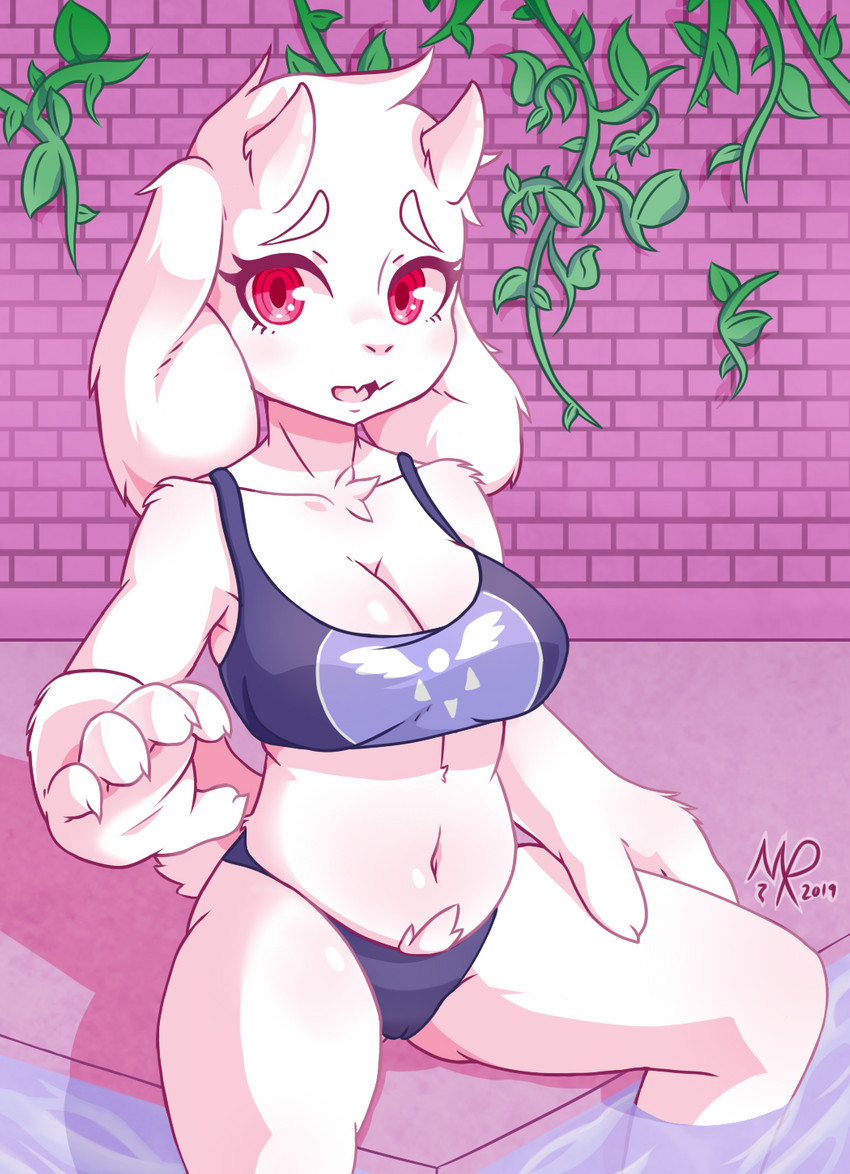 5_fingers anthro bikini blush bra breasts brick_wall camel_toe cleavage clothed clothing female fingers fur horn looking_at_viewer open_mouth plant red_eyes sitting solo swimwear tuft two-piece_swimsuit underwear vines wall_(structure) water white_body white_fur mirrorreach undertale undertale_(series) toriel boss_monster_(undertale) bovid caprine mammal 2019 hi_res