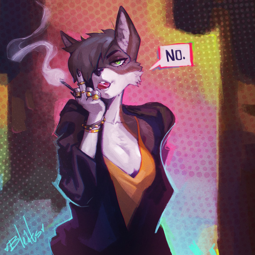 abstract_background anthro black_nails black_nose bracelet breasts cigarette cleavage clothed clothing colored_nails female fur gesture green_eyes grey_body grey_fur hair hair_over_eye hand_gesture hoodie inner_ear_fluff jewelry looking_at_viewer middle_finger multicolored_body multicolored_fur nails off_shoulder one_eye_obstructed open_mouth ring shirt short_hair smoke solo speech_bubble tank_top teeth text tongue tongue_out topwear tuft two_tone_body two_tone_fur white_body white_fur bleats canid canine mammal 1:1 absurd_res english_text hi_res signature