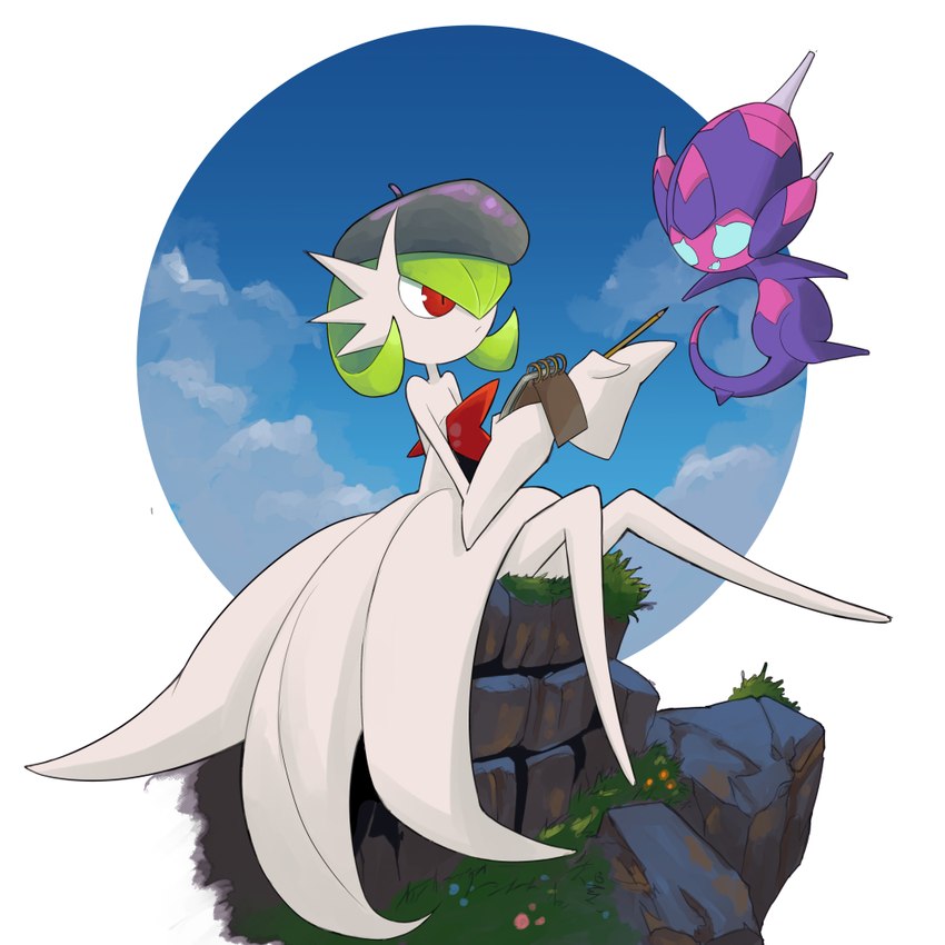 ambiguous_gender chest_spike clothing dress duo green_hair hair hat headgear headwear interview notebook pointy_fingers red_eyes sitting size_difference sky spikes spikes_(anatomy) stubby_legs white_body white_skin beetarp nintendo pokemon generation_6_pokemon generation_7_pokemon humanoid mega_evolution mega_gardevoir poipole pokemon_(species) ultra_beast 1:1