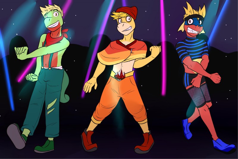 anthro anthrofied clothed clothing crop_top dancing group male midriff navel rave shirt suspenders topless topwear fuze nintendo pokemon carvanha generation_3_pokemon numel pokemon_(species) treecko 3:2 hi_res