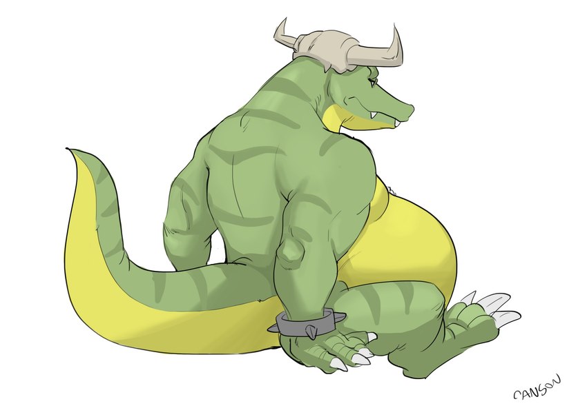 anthro belly big_belly bone claws male muscular nipples overweight simple_background sitting skull solo white_background canson donkey_kong_(series) donkey_kong_64 nintendo k_lumsy crocodilian kremling reptile scalie hi_res