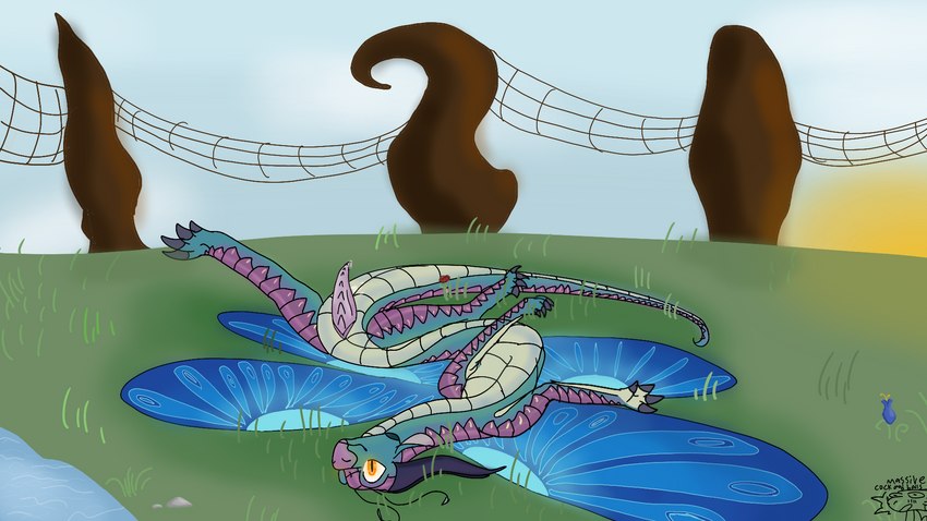 2_horns 4_wings animal_genitalia antennae_(anatomy) big_penis blue_body blue_scales blue_sky blue_wings bodily_fluids curved_horn erection feral field genital_fluids genital_slit genitals grass grass_field grassy_field green_background horn insect_wings lake lepidopteran_wings long_body lying male multi_wing on_back on_ground on_side penis pink_penis plant precum precum_on_penis prehensile_tail presenting presenting_penis purple_body purple_scales ridged_penis scaled_penis scales simple_background size_difference sky solo spread_arms spread_legs spread_wings spreading sun tail wings yellow_eyes ind0 mythology wings_of_fire blue_(wof) dragon mythological_creature mythological_scalie scalie silkwing_(wof) 16:9 hi_res widescreen